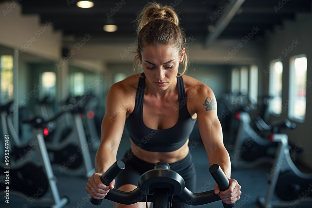Exercise bike, intense and power with woman in gym for cardio training or physical workout. Fitness, sports and wellness with fierce athlete person in health club for challenge or performance Exercise bike, intense and power with woman in gym for cardio training or physical workout. Fitness, sports and wellness with fierce athlete person in health club for challenge or performance