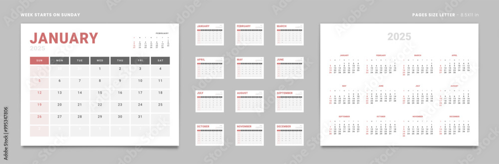 Set of 12 Pages Monthly Calendar Planner Templates and annual. Vector layout of a wall or desktop calendar with the week starting on Sunday ready for printing. Page size Letter -8.5x11 Set of 12 Pages Monthly Calendar Planner Templates and annual. Vector layout of a wall or desktop calendar with the week starting on Sunday ready for printing. Page size Letter -8.5x11