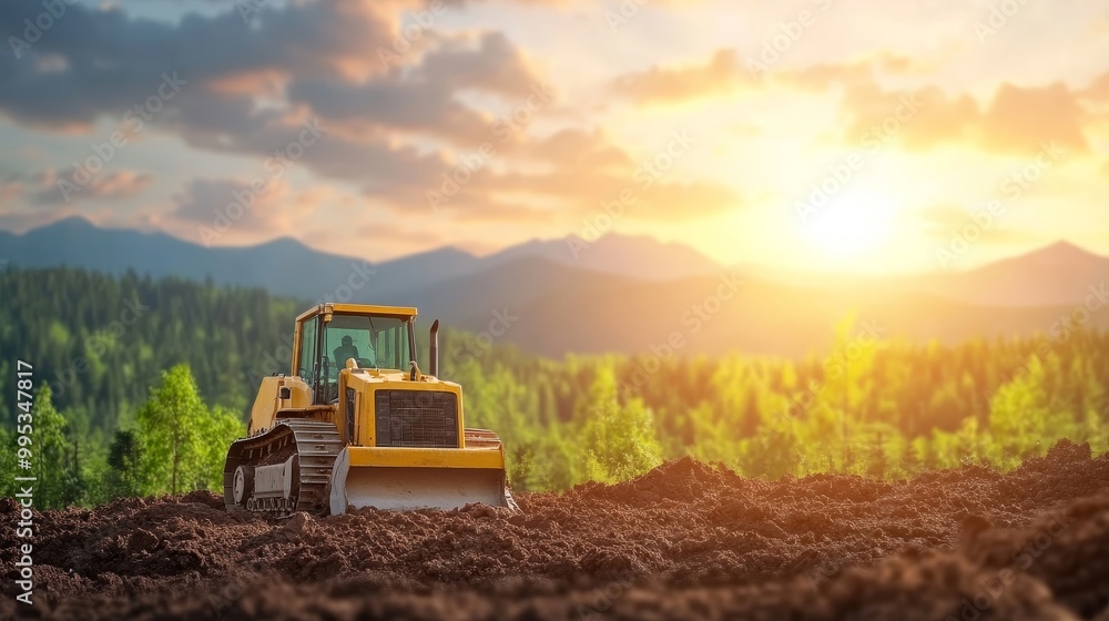 Fototapeta premium Bulldozer on Construction Site at Sunset