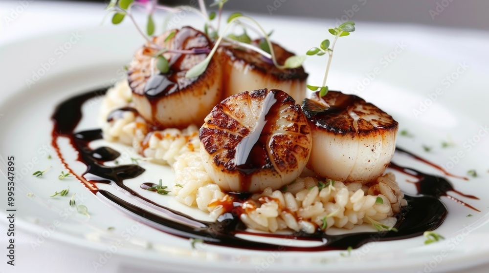 A beautifully presented plate of seared scallops, served with a creamy risotto and a drizzle of balsamic reduction A beautifully presented plate of seared scallops, served with a creamy risotto and a drizzle of balsamic reduction