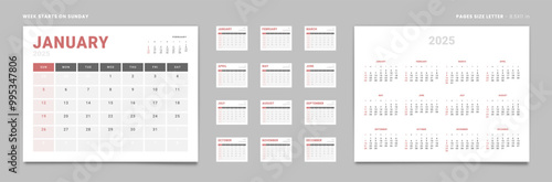 Set of 12 Pages Monthly Calendar Planner Templates and annual. Vector layout of a wall or desktop calendar with the week starting on Sunday ready for printing. Page size Letter -8.5x11