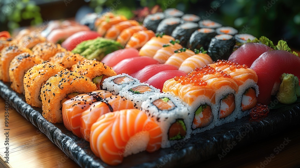 Deliciously Arranged Sushi Platter Showcasing an Array of Flavors for Culinary Enthusiasts Deliciously Arranged Sushi Platter Showcasing an Array of Flavors for Culinary Enthusiasts