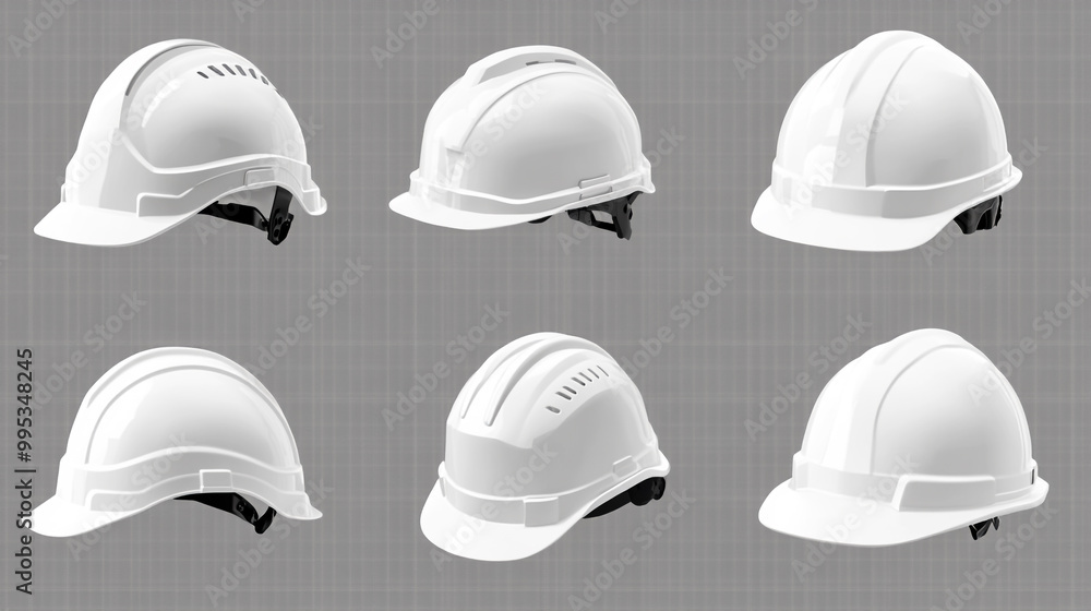 Various styles of white hard hats on a gray background for construction safety measures Various styles of white hard hats on a gray background for construction safety measures