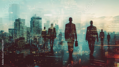 Wallpaper Mural Abstract city skyline with businesspeople silhouettes on light wallpaper. Teamwork, partnership and success concept. Toned image. Double exposure Torontodigital.ca