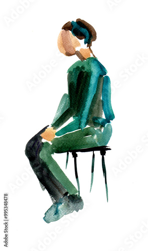 Watercolor sketch. Sitting boy in profile. Clothes in different shades of green. Dark hair. Light complexion. Isolated on white background. Sitting on a stool. Watercolor blur.