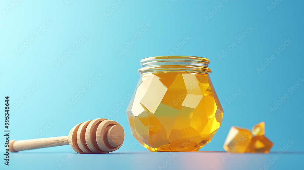 Sweet golden honey in a jar with a wooden dipper against a bright blue background Sweet golden honey in a jar with a wooden dipper against a bright blue background
