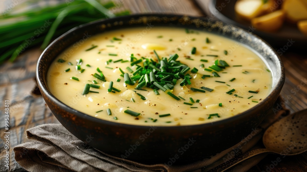 A bowl of creamy potato leek soup with chives. A bowl of creamy potato leek soup with chives.