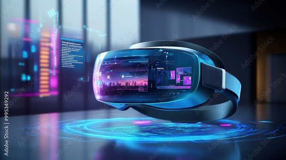 Virtual Reality Headset with Advanced Holographic Interface Displaying Digital Data in Modern Workspace Virtual Reality Headset with Advanced Holographic Interface Displaying Digital Data in Modern Workspace
