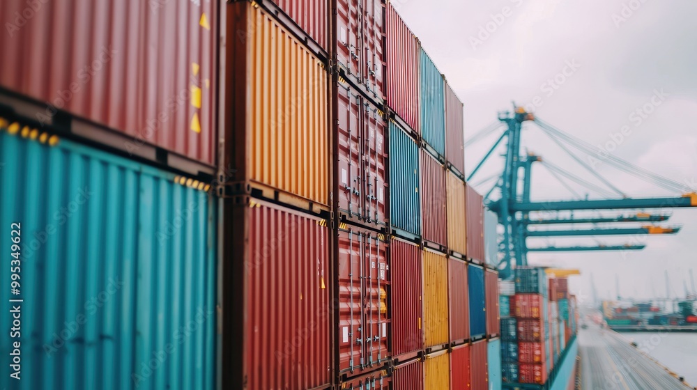 Fototapeta premium A vibrant display of stacked shipping containers at a port, highlighting the logistics and transportation industry's colorful infrastructure.