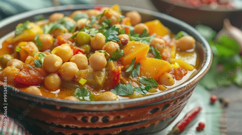 A bowl of vibrant vegetable curry with chickpeas. A bowl of vibrant vegetable curry with chickpeas.