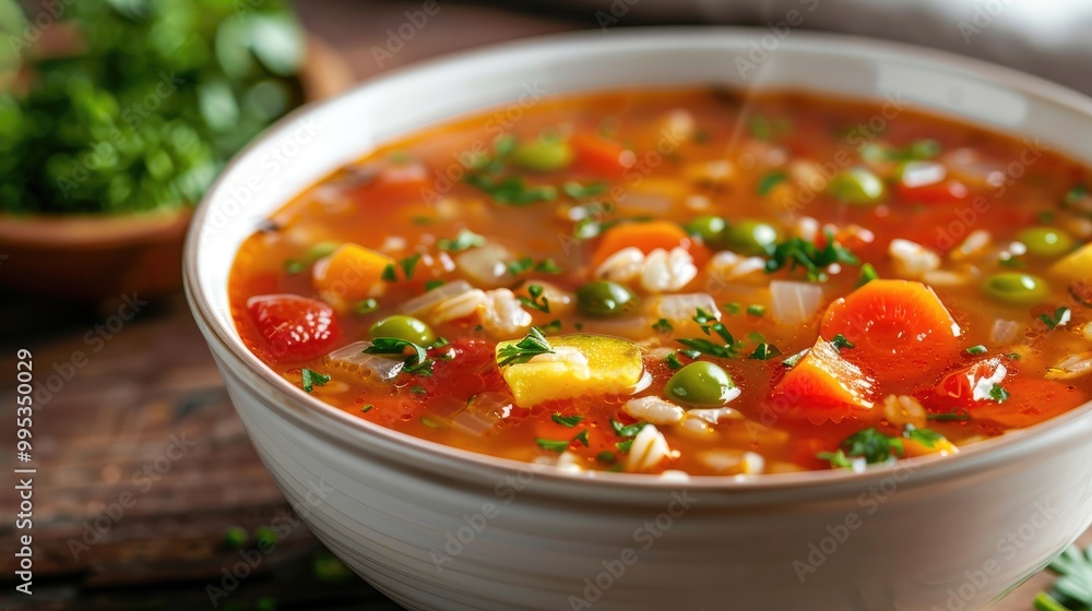 A bowl of vibrant vegetable soup with barley. A bowl of vibrant vegetable soup with barley.