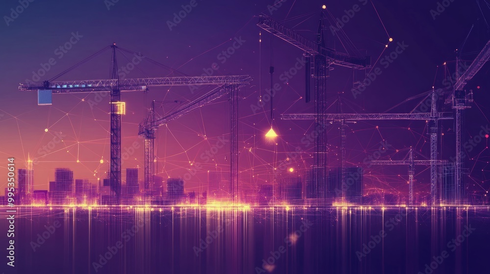 Construction Site with Many Tower Cranes. Low poly picture frame digital vector illustration. Polygons, lines, particles and connected points. Horizontal banner template. 