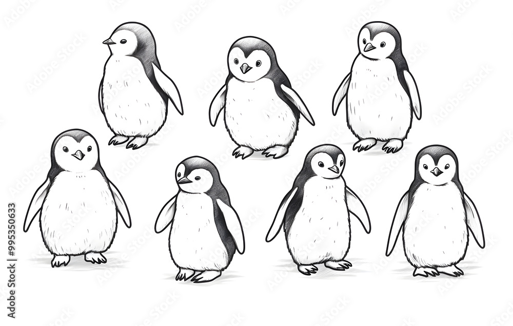 Naklejka premium Set of cute penguin line drawing illustrations