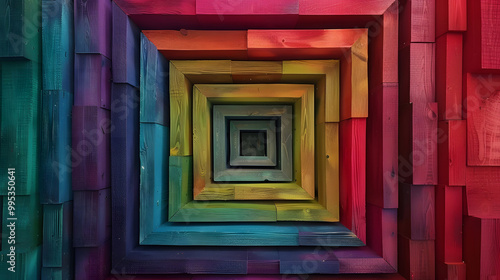 Abstract geometric rainbow colors colored 3d wooden square Wood background. Generative AI.