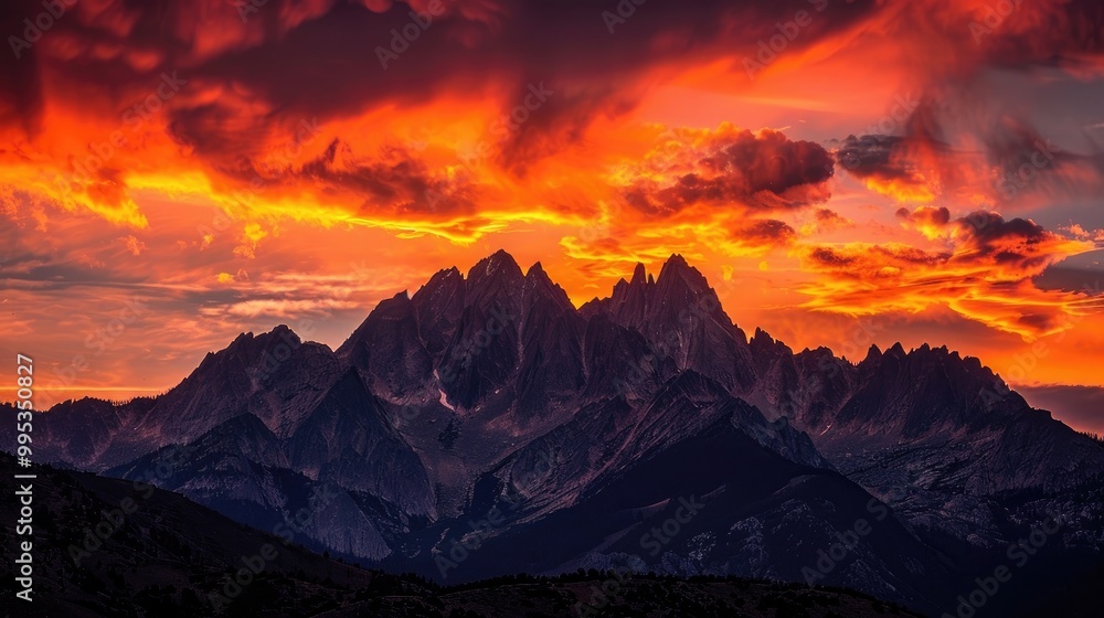 A breathtaking sunset over a rugged mountain range, with jagged peaks silhouetted against a sky ablaze with fiery hues A breathtaking sunset over a rugged mountain range, with jagged peaks silhouetted against a sky ablaze with fiery hues