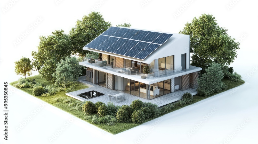 Modern Two-Story House with Solar Panels and Surrounding Greenery Modern Two-Story House with Solar Panels and Surrounding Greenery