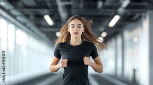 Young Woman Running in Modern Indoor Gym Setting