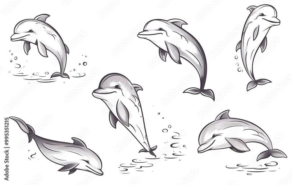 Naklejka premium Illustration, line drawing, dolphin