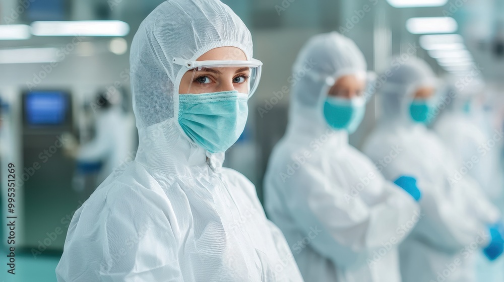 A group of health professionals in protective gear, including masks and gloves, ready for action in a sterile environment.