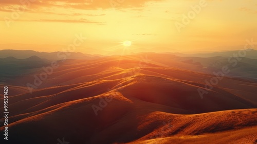 A captivating sunrise over rolling hills with the sun casting long shadows.