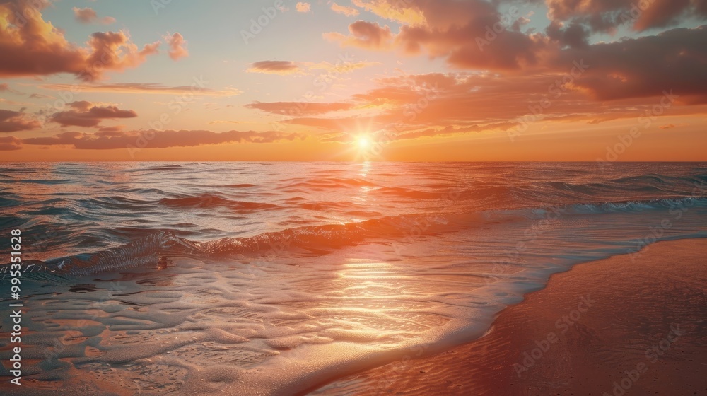 A captivating sunset over a tranquil beach with the sun dipping below the horizon. A captivating sunset over a tranquil beach with the sun dipping below the horizon.