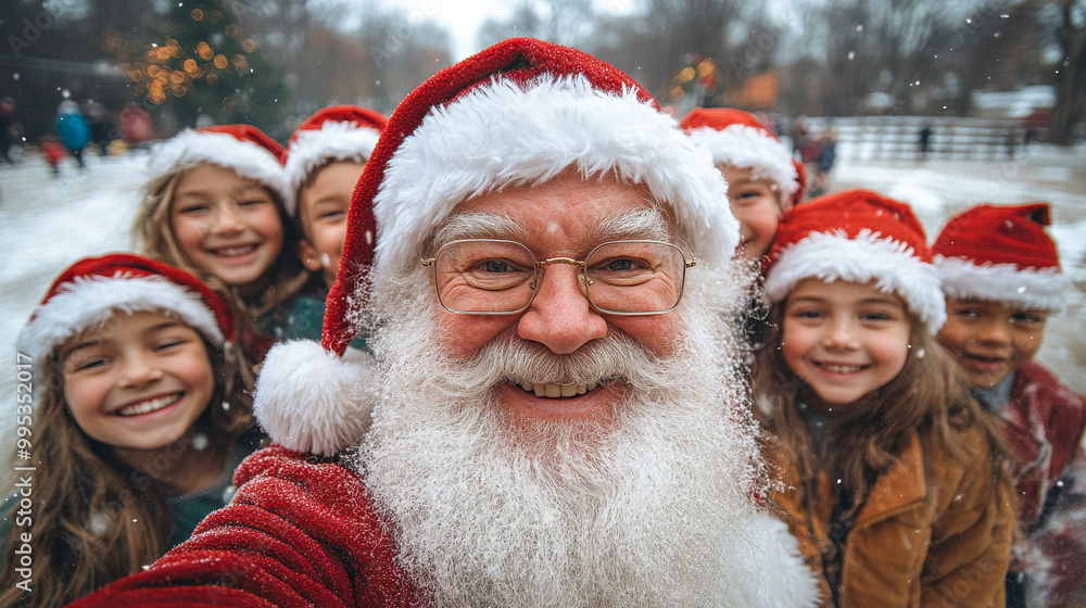 Santa claus takes a selfie with joyful kids in santa hats outdoors on a snowy christmas day Santa claus takes a selfie with joyful kids in santa hats outdoors on a snowy christmas day