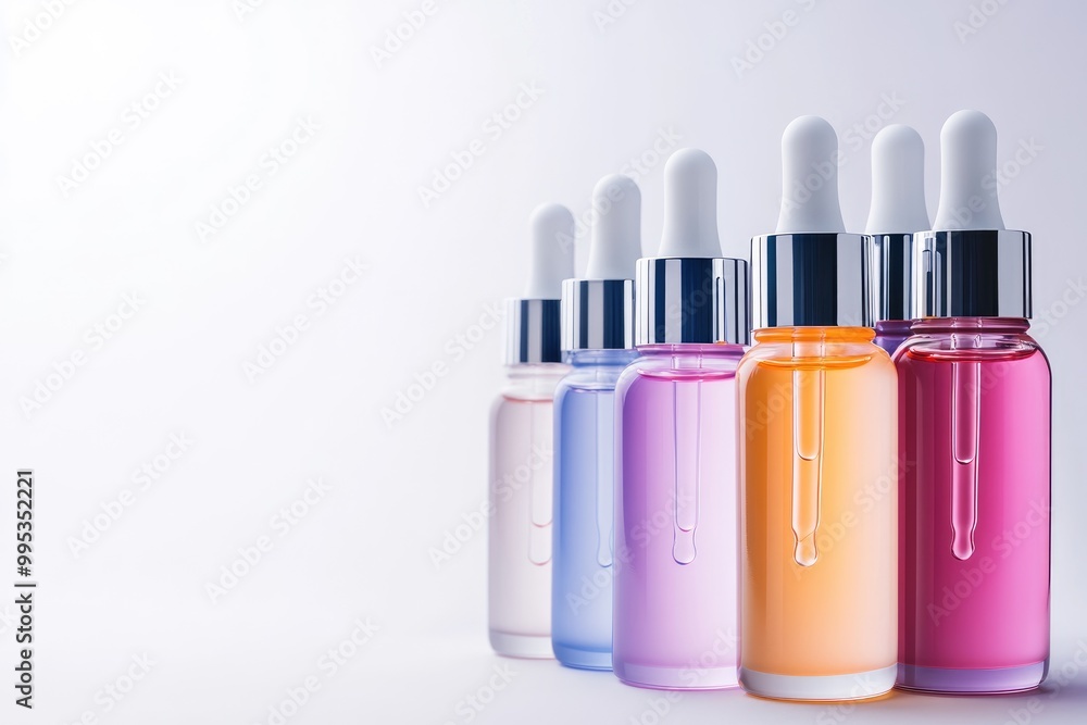 Four Glass Bottles of Colored Serum with Droppers Four Glass Bottles of Colored Serum with Droppers