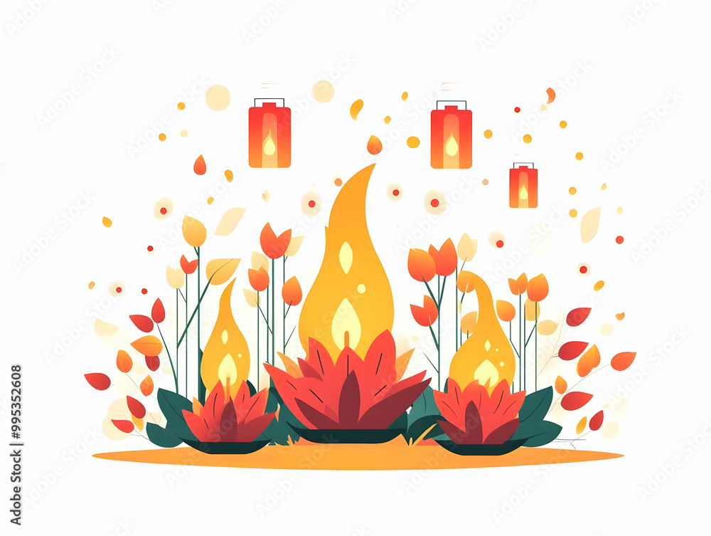 Flat Loy Krathong Celebration: Glowing Fireflies on a Glossy Lake - Vector Illustration with Ample Copy Space for Festive Messages Flat Loy Krathong Celebration: Glowing Fireflies on a Glossy Lake - Vector Illustration with Ample Copy Space for Festive Messages
