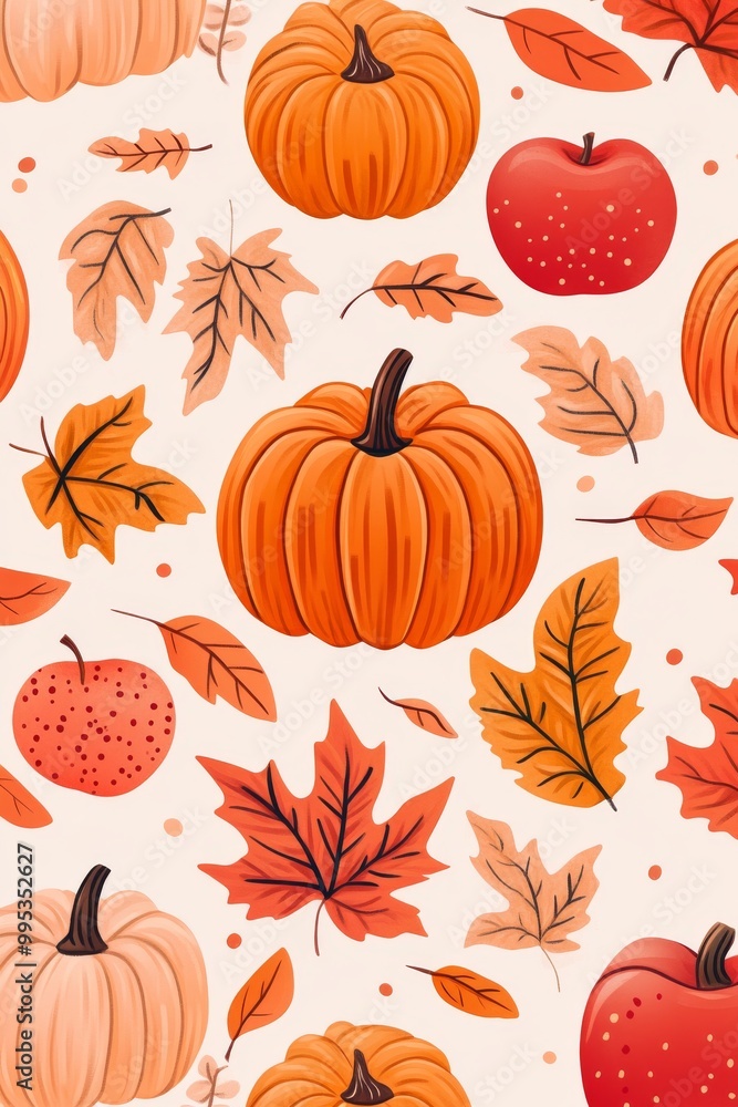 Celebrate the warmth of autumn with vibrant pumpkins, apples, and colorful leaves against a soft background Celebrate the warmth of autumn with vibrant pumpkins, apples, and colorful leaves against a soft background