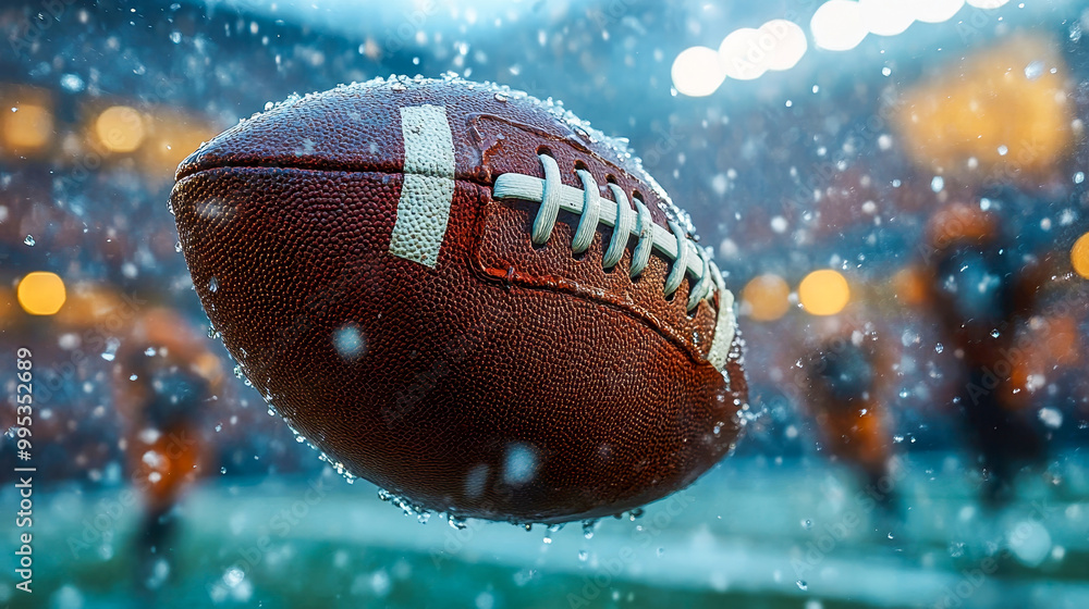 Snowflakes surrounding a football in mid-air during a game Snowflakes surrounding a football in mid-air during a game