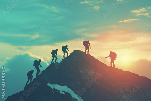 Group of people on peak mountain climbing helping team work , travel trekking success business concept