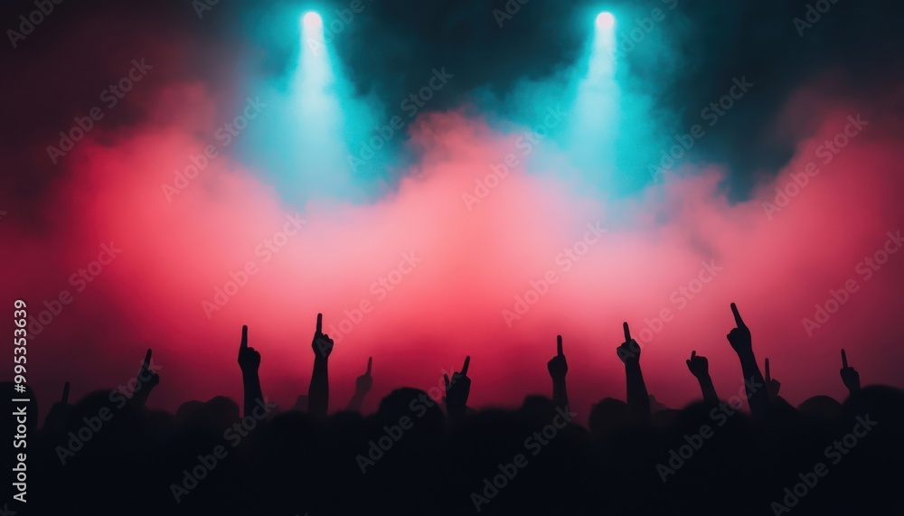 Fototapeta premium Silhouettes of Concert Crowd with Raised Hands Under Stage Lights