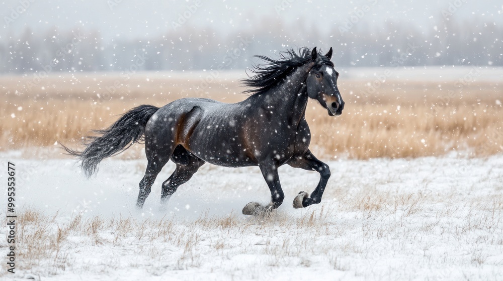 A black horse galloping through a snowy landscape amid falling snowflakes. A black horse galloping through a snowy landscape amid falling snowflakes.