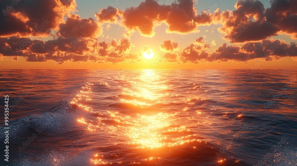 Obraz premium Serene sunset over ocean waves reflecting golden light.