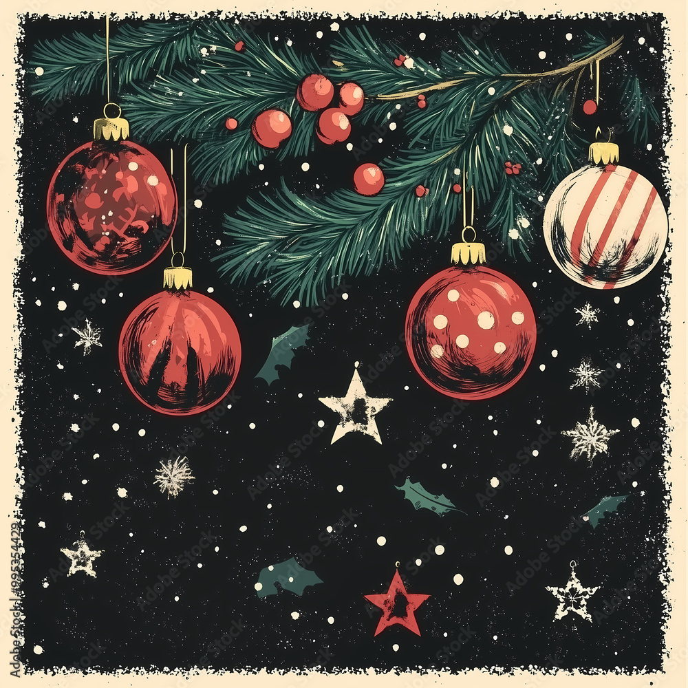 Drawing of a set of balls hanging from the Christmas tree on a black background. Drawing of a set of balls hanging from the Christmas tree on a black background.