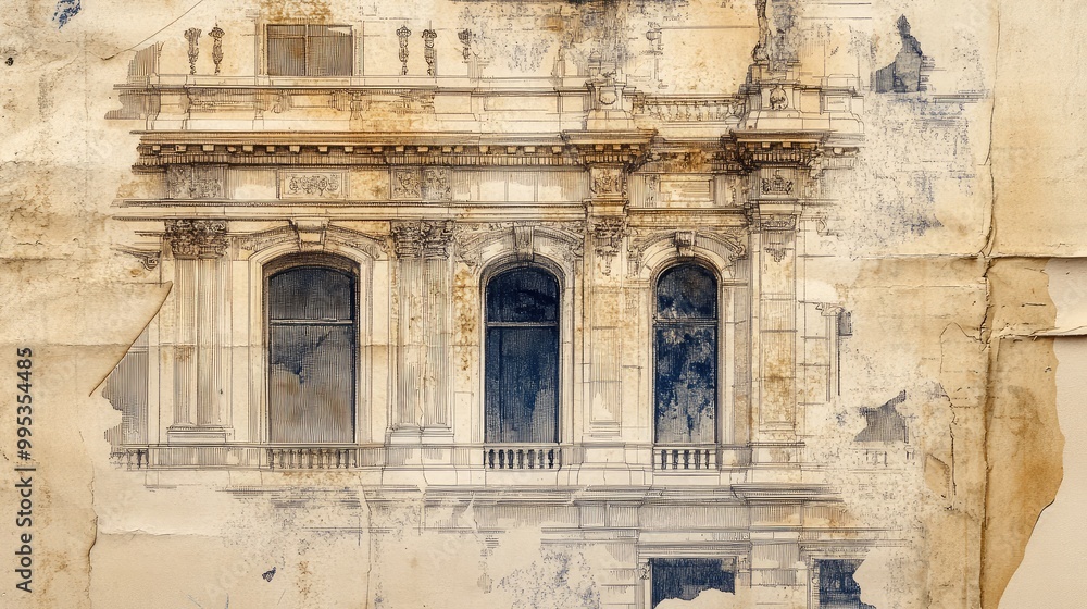 Aged architectural blueprint for a Victorian museum, meticulously detailed on crumbling, worn paper, with faded ink and torn edges