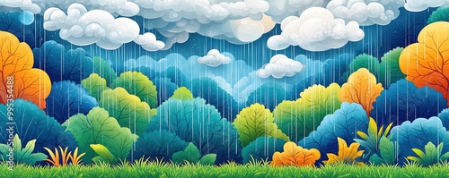 Abstract representations of clouds and rainstorms blending into vibrant forest canopies, symbolizing the water cycle in nature photo