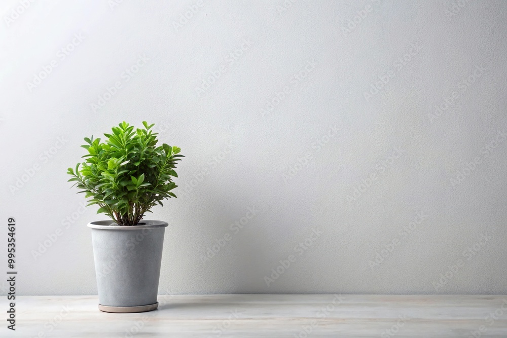 Description: Minimalist single green plant in a gray pot against a white wall Description: Minimalist single green plant in a gray pot against a white wall