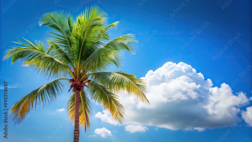 Fototapeta premium Description: Palm tree branches framing bright blue sky with single cloud