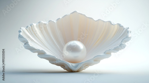 A lustrous pearl resting delicately in a beautifully shaped shell on a light background