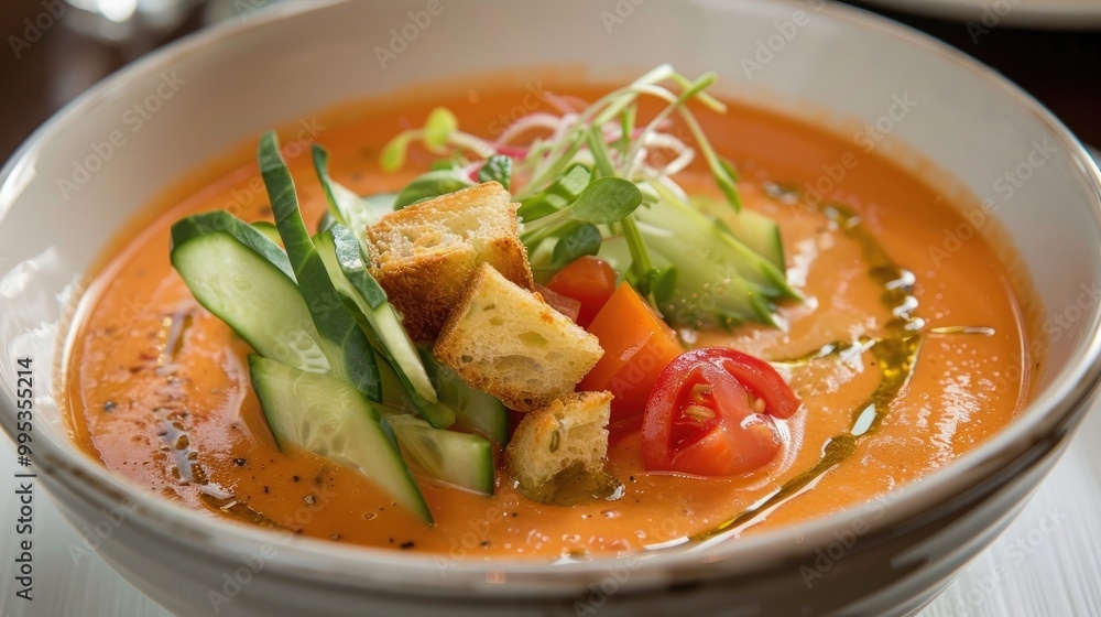 A delightful and refreshing bowl of gazpacho, with a chilled tomato-based soup, garnished with fresh vegetables and croutons A delightful and refreshing bowl of gazpacho, with a chilled tomato-based soup, garnished with fresh vegetables and croutons