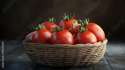 Fresh red tomatoes gathered in a woven basket on a wooden surface in soft lighting