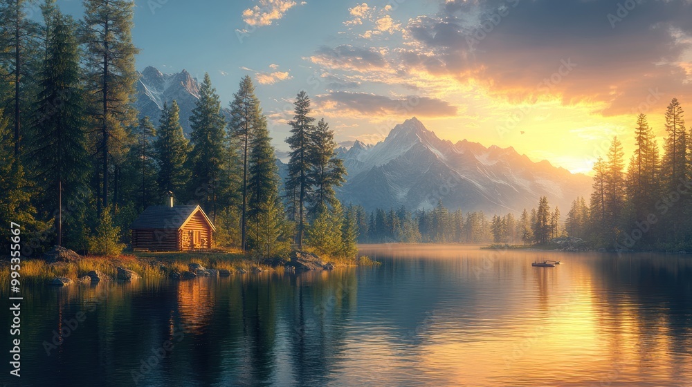 Obraz premium Serene lakeside cabin at sunset surrounded by mountains and trees.