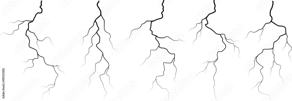 Vector lightning silhouettes set. Thunderstorm design. Vector illustration