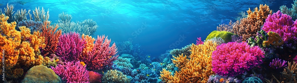 Fototapeta premium Vibrant colors of coral reefs blended with abstract, geometric ocean patterns, representing the diversity of marine life