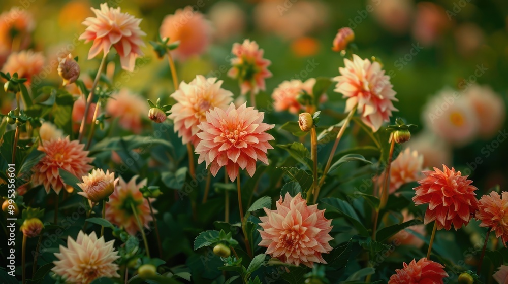 A garden of blooming dahlias in various shades. A garden of blooming dahlias in various shades.