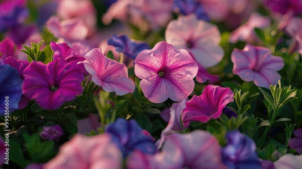 A garden of blooming petunias in various shades. A garden of blooming petunias in various shades.
