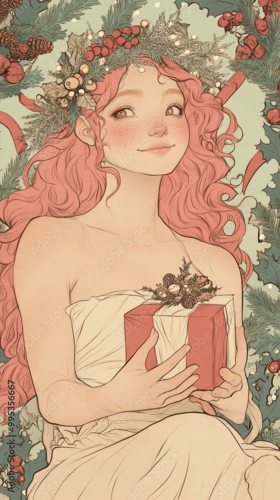 Fototapeta premium A drawing of a woman holding a christmas present