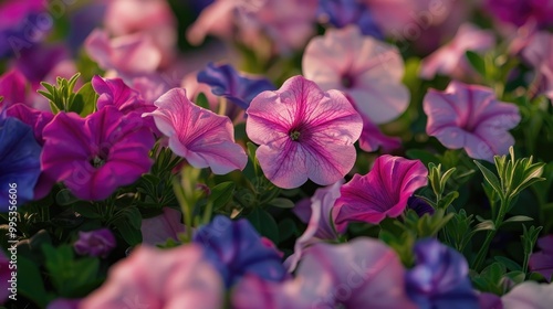 A garden of blooming petunias in various shades.