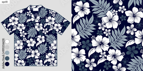 Elegant Tropical Hibiscus Flowers Seamless Pattern on Hawaiian Shirt Mockup, Perfect for Aloha Summer Fashion Style, Inspiring Design and Apparel for Trendy Summer Beachwear